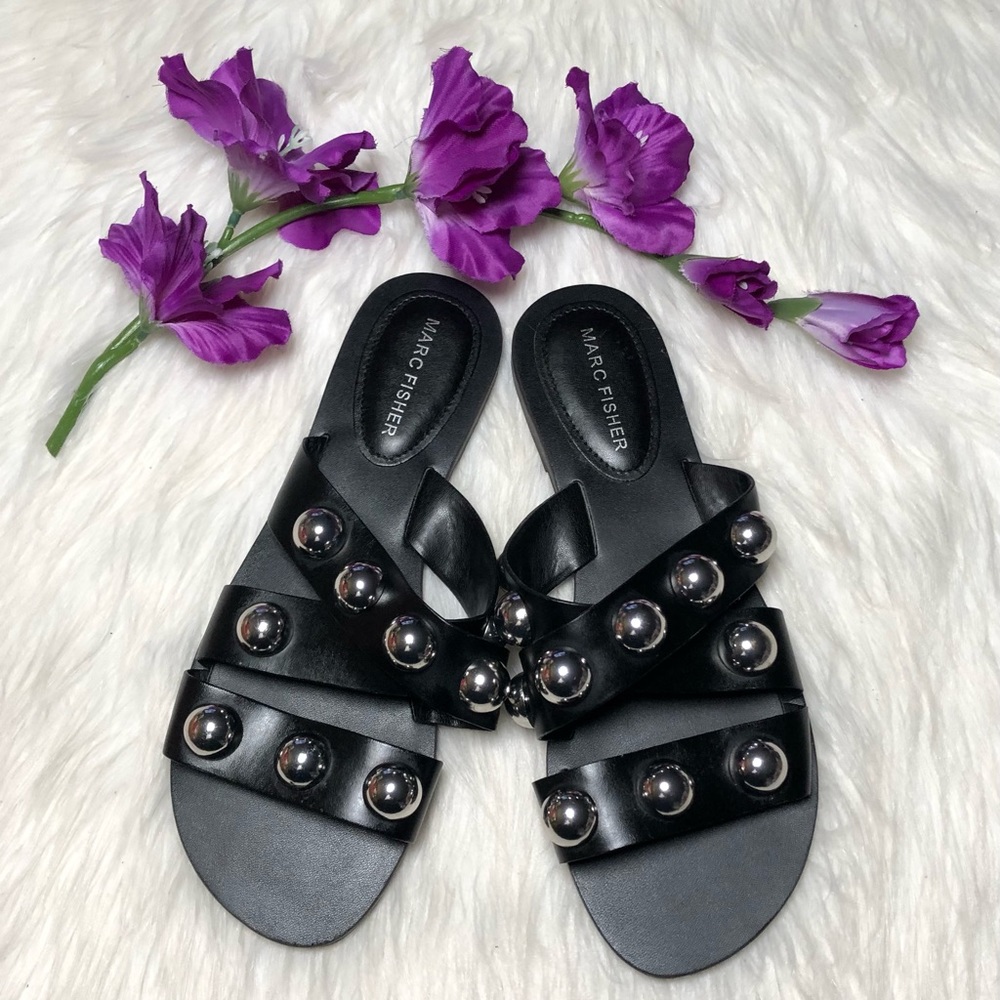 Marc Fisher Bryte Black Flat Faux Leather Open-Toe Slide Sandal,Size-7.5